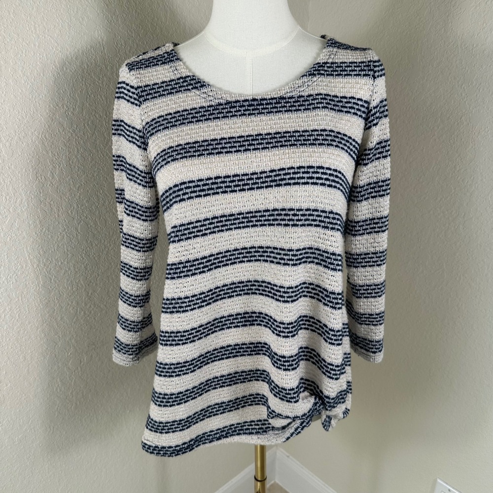 Sunday Sweater Womens M Blue Cream Striped Nautical Coastal Boho Fishermancore